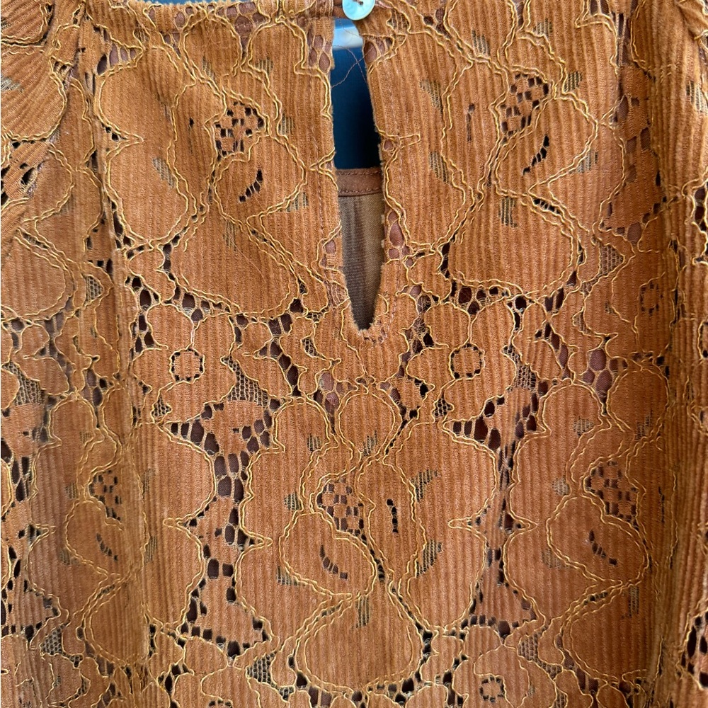 Anthropology Dolan corduroy Lace Puff-Sleeve Top in Rust Orange - Picture 8 of 10